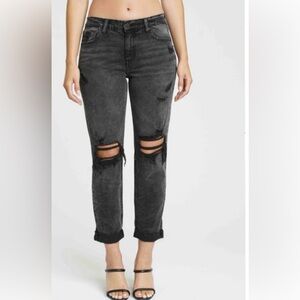 Charcoal distressed jeans.